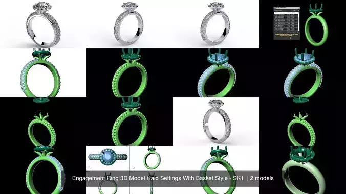 Engagement Ring 3D Model Halo Settings With Basket Style - SK1 