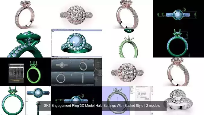 SK2-Engagement Ring 3D Model Halo Settings With Basket Style 3D Model Collection