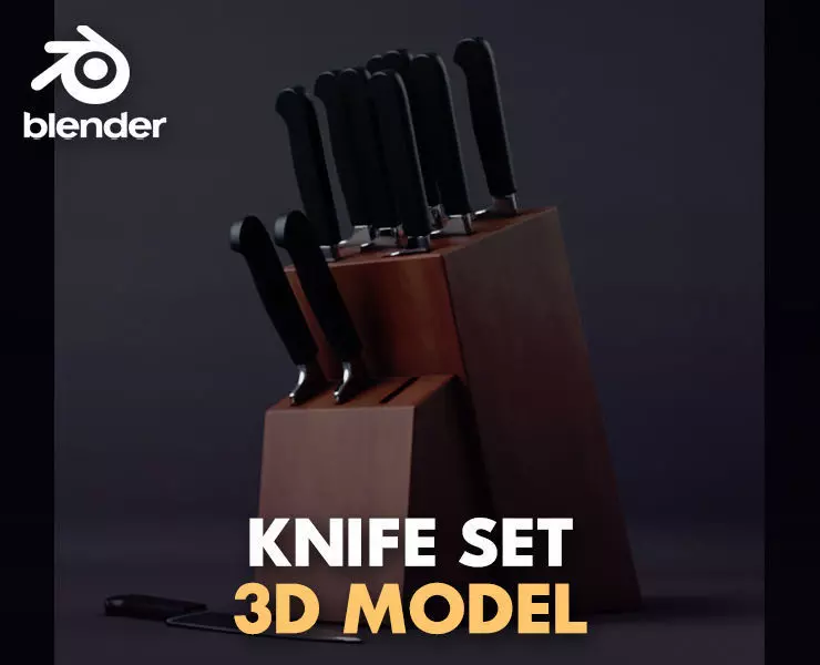 knife set of knives in wooden block 3D model_0