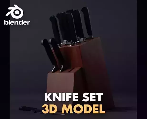 knife set of knives in wooden block 3D model knife set of knives in wooden block 3D model