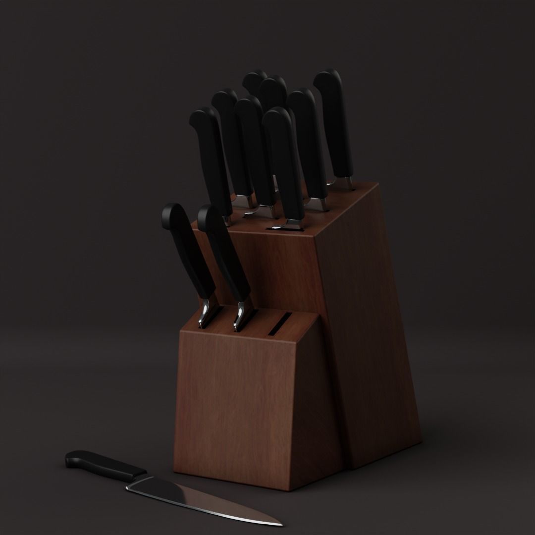 knife set of knives in wooden block 3D model_5