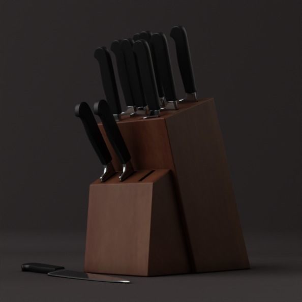 knife set of knives in wooden block 3D model_4