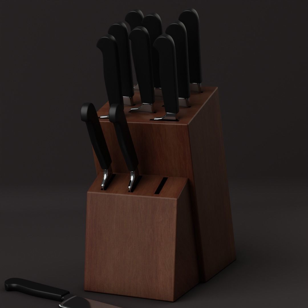 knife set of knives in wooden block 3D model_2