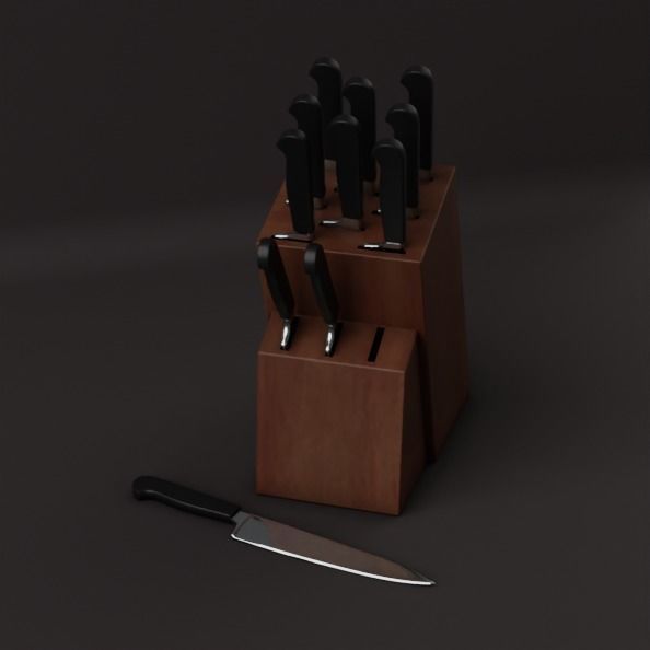 knife set of knives in wooden block 3D model_3