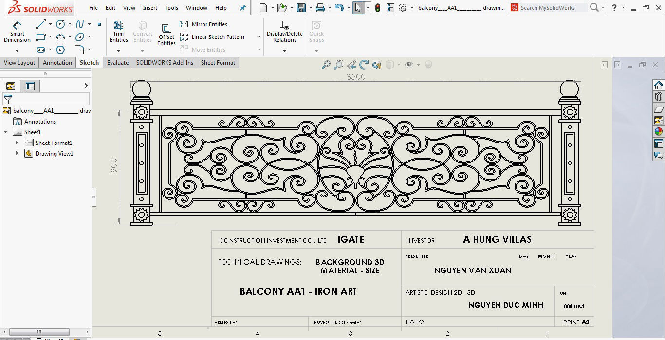 Art iron balcony AA1- 3D model with 2D drawings ready 3D model_36