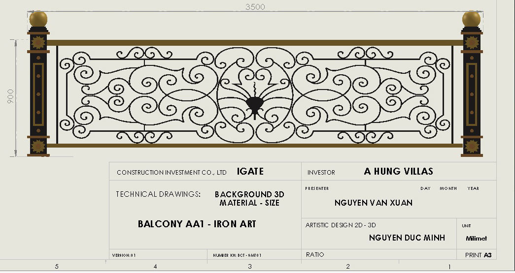 Art iron balcony AA1- 3D model with 2D drawings ready 3D model_35