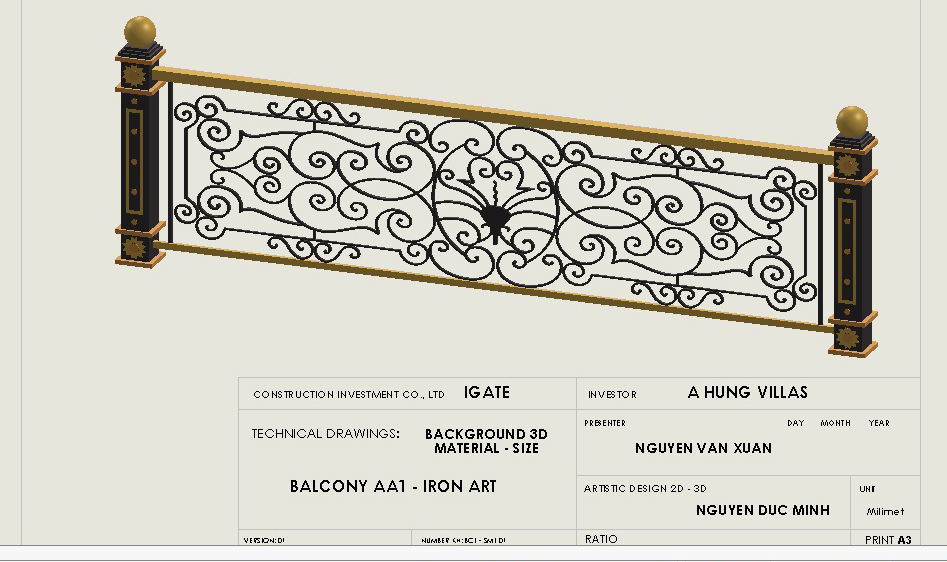 Art iron balcony AA1- 3D model with 2D drawings ready 3D model_5