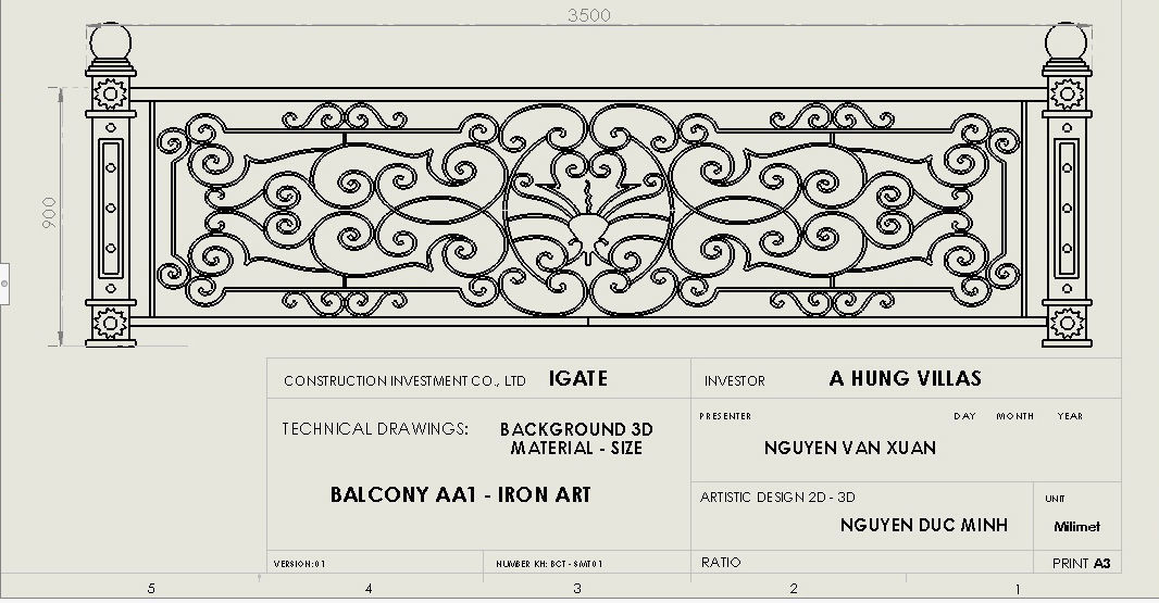 Art iron balcony AA1- 3D model with 2D drawings ready 3D model_26