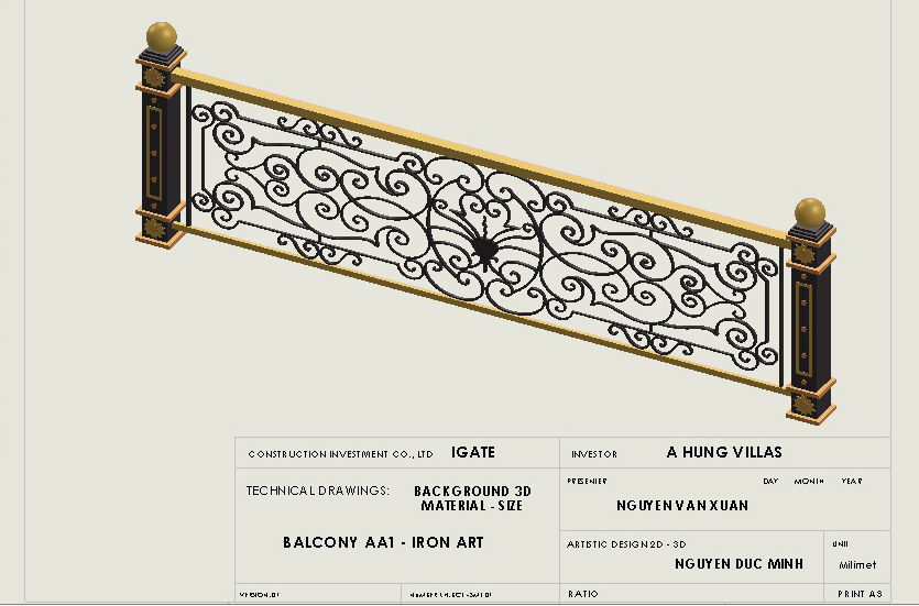 Art iron balcony AA1- 3D model with 2D drawings ready 3D model_34