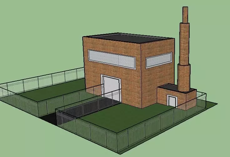 factory brick building with fence 3D model_0