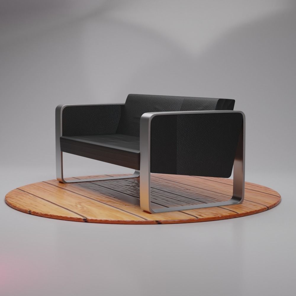 couch leather sofa on wooden platform Low-poly 3D model_2