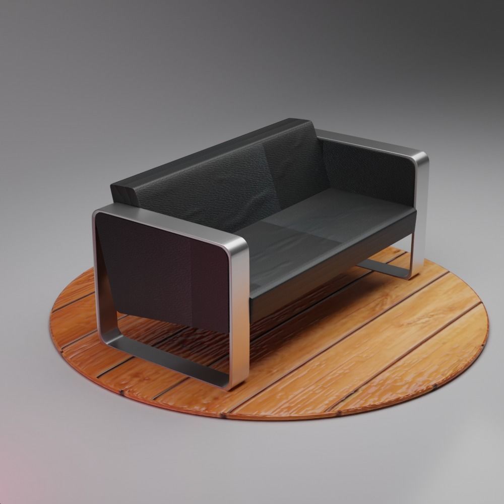 couch leather sofa on wooden platform Low-poly 3D model_1