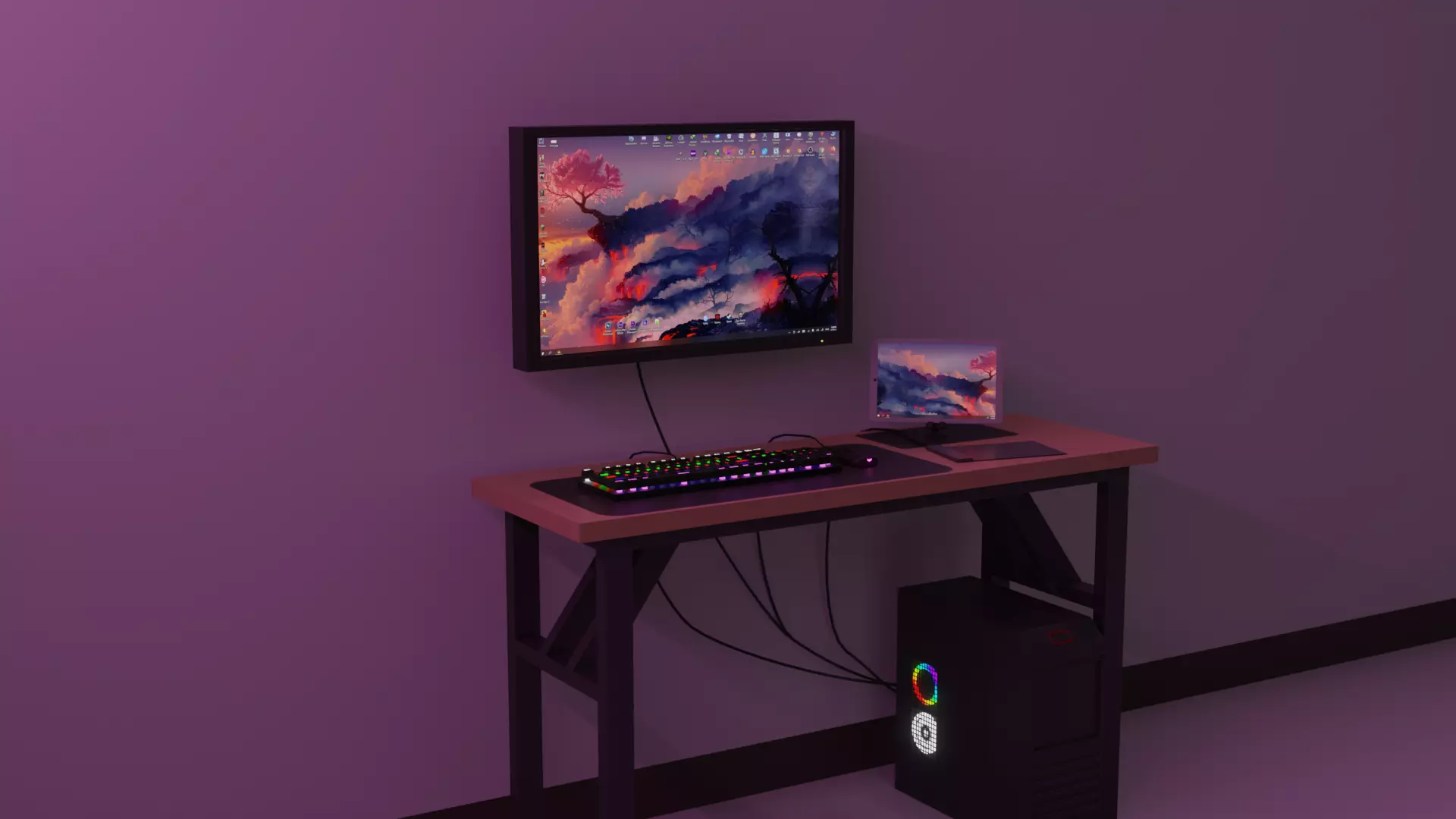 Gaming Room Full PC Set Gaming Keyboard Mouse Monitor Table 3D model_0