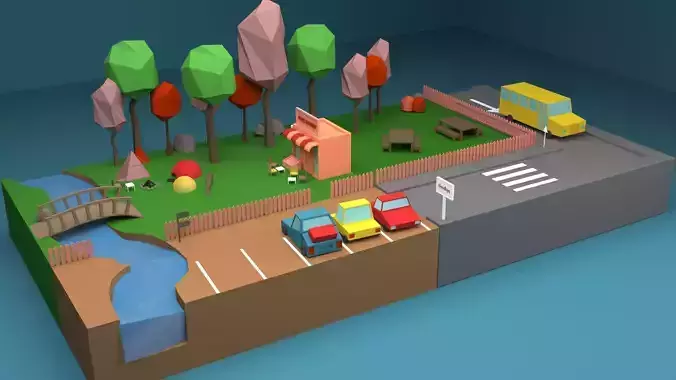 Camp Low-Poly 3D Model town with trees and river Low-poly 3D model