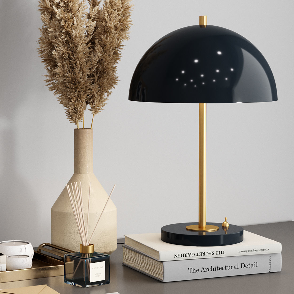 Zara Home Decor set with Dry Pampas grass and table lamp 3D model_3