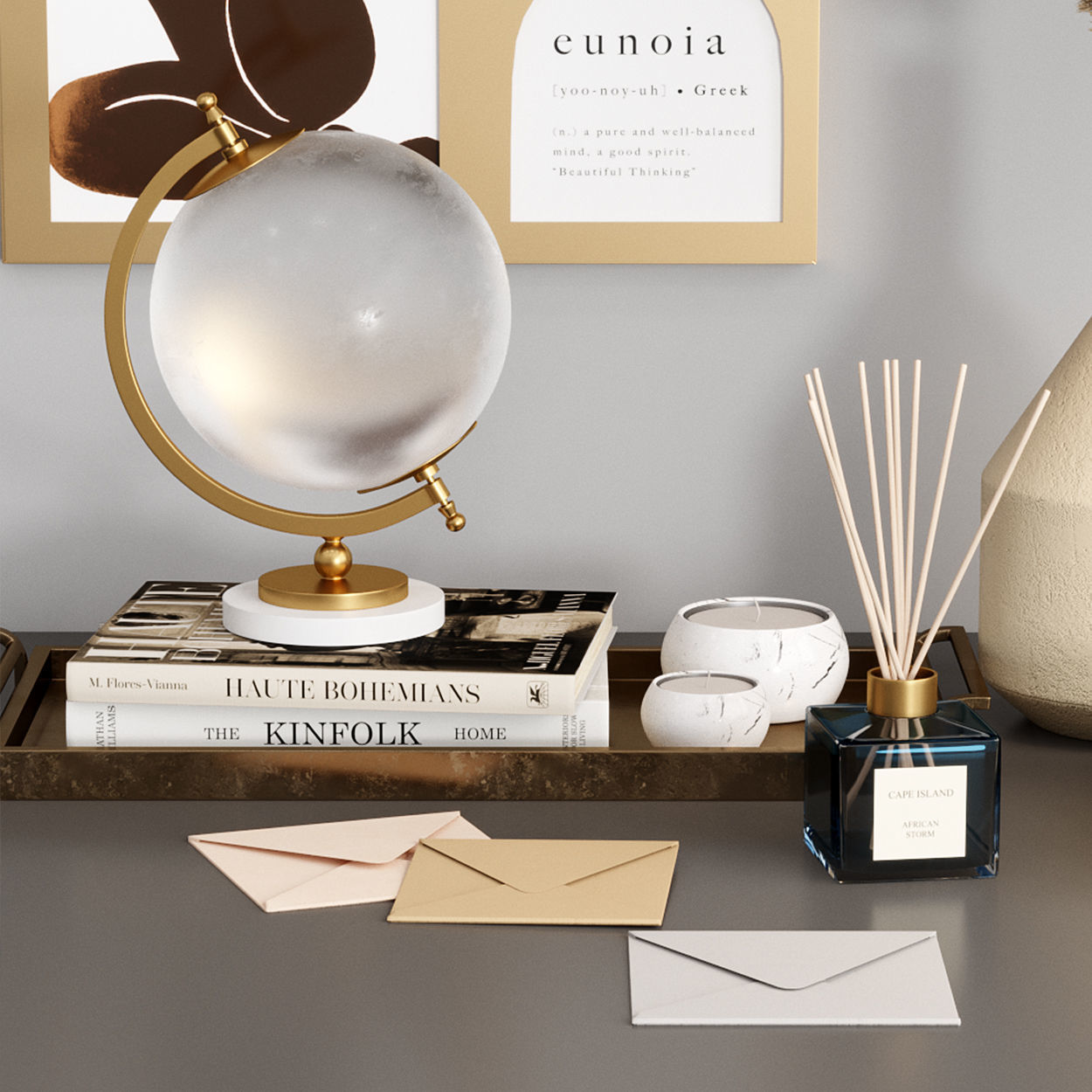 Zara Home Decor set with Dry Pampas grass and table lamp 3D model_2