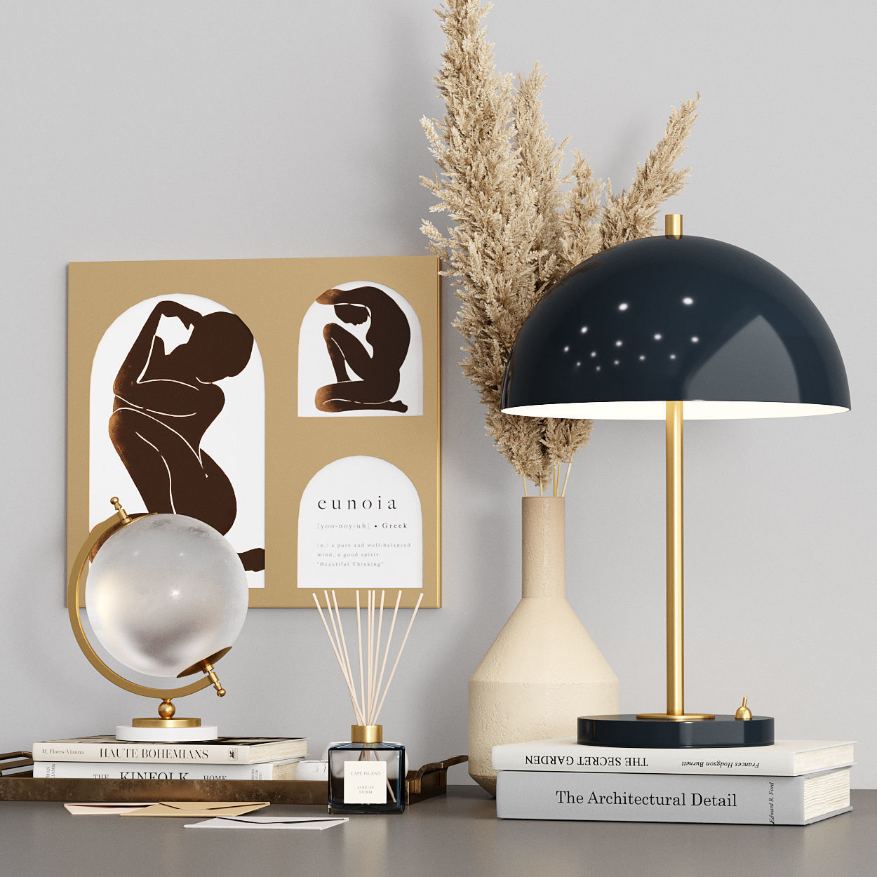 Zara Home Decor set with Dry Pampas grass and table lamp 3D model_6