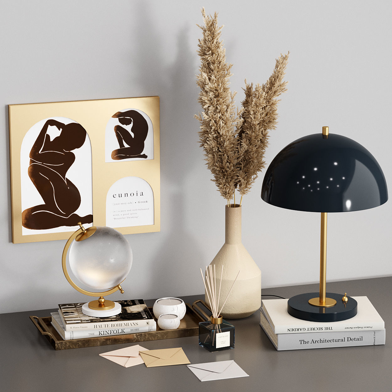 Zara Home Decor set with Dry Pampas grass and table lamp 3D model_1