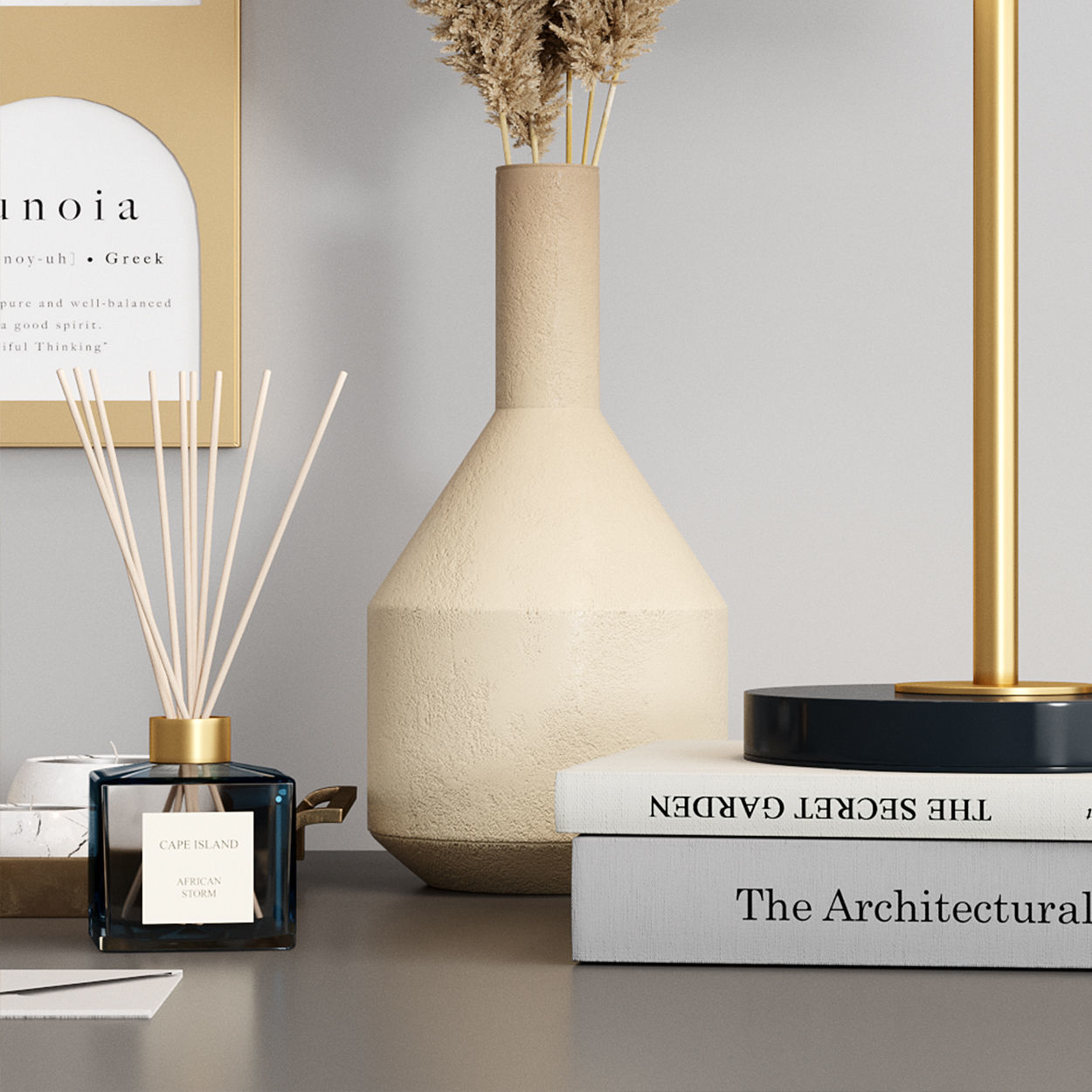 Zara Home Decor set with Dry Pampas grass and table lamp 3D model_5