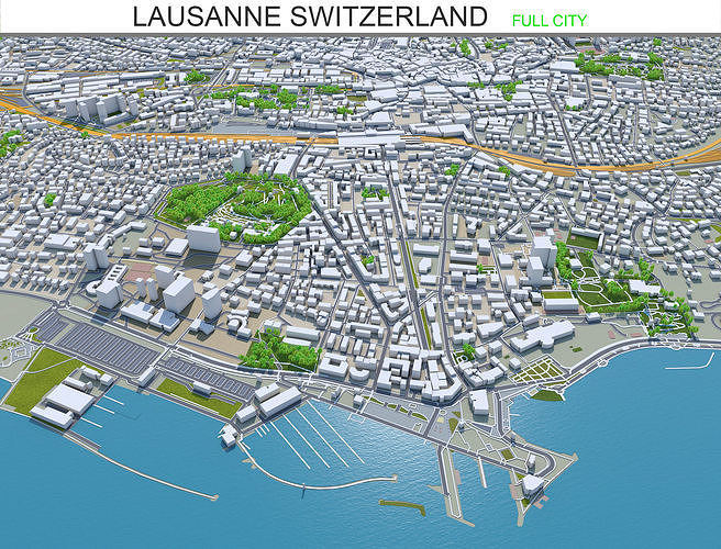 Lausanne City in Switzerland 50km Low-poly 3D model