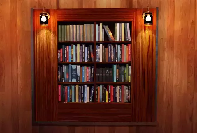 Books collection bookcase in wooden wall