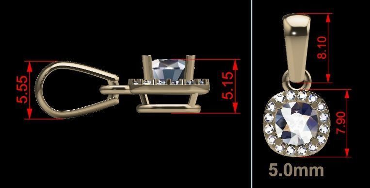 Dainty Diamond Halo Cushion Pendant With Bell 5mm 3D print model_4