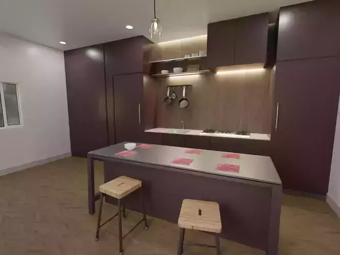 Modern Kitchen With Accessories Lights Table Chairs