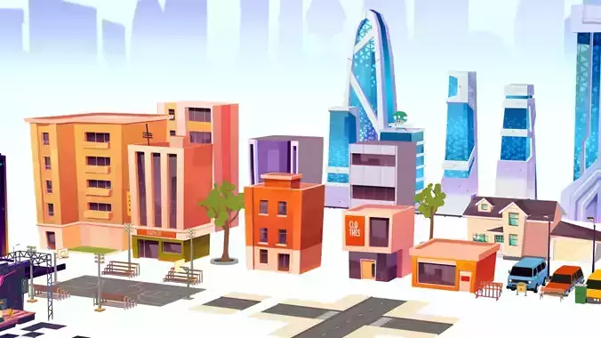 Lowpoly City buildings stylized assets game ready  Low-poly 3D model