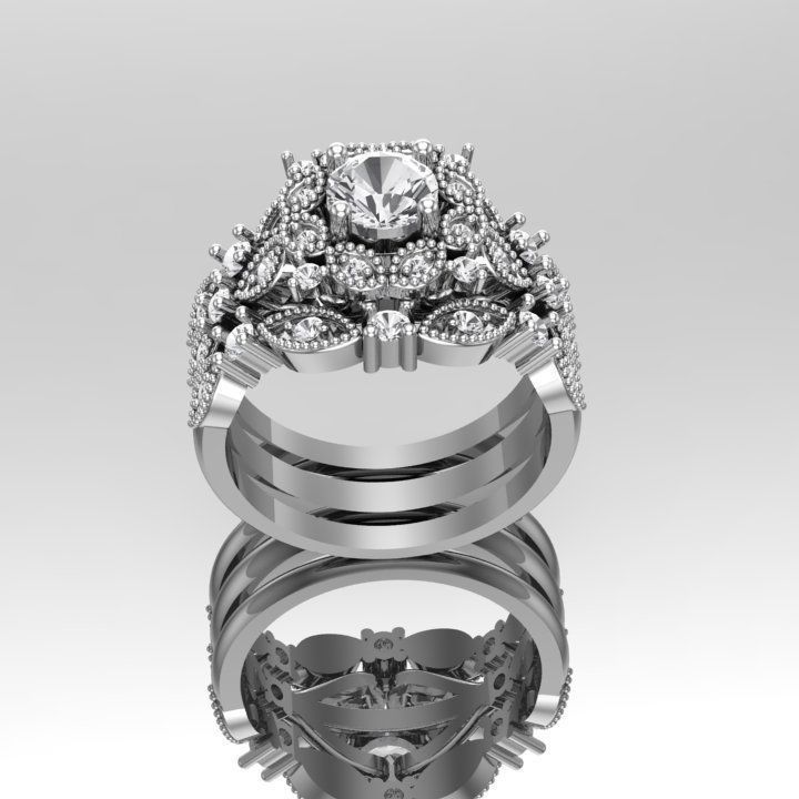 Diamond engagement and wedding band ring set 3D print Model 3D print model_2