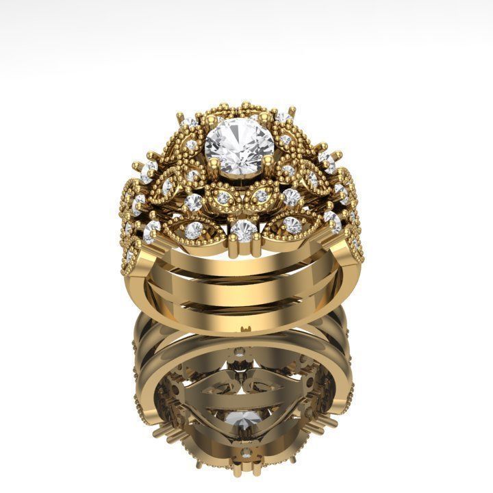 Diamond engagement and wedding band ring set 3D print Model 3D print model_1