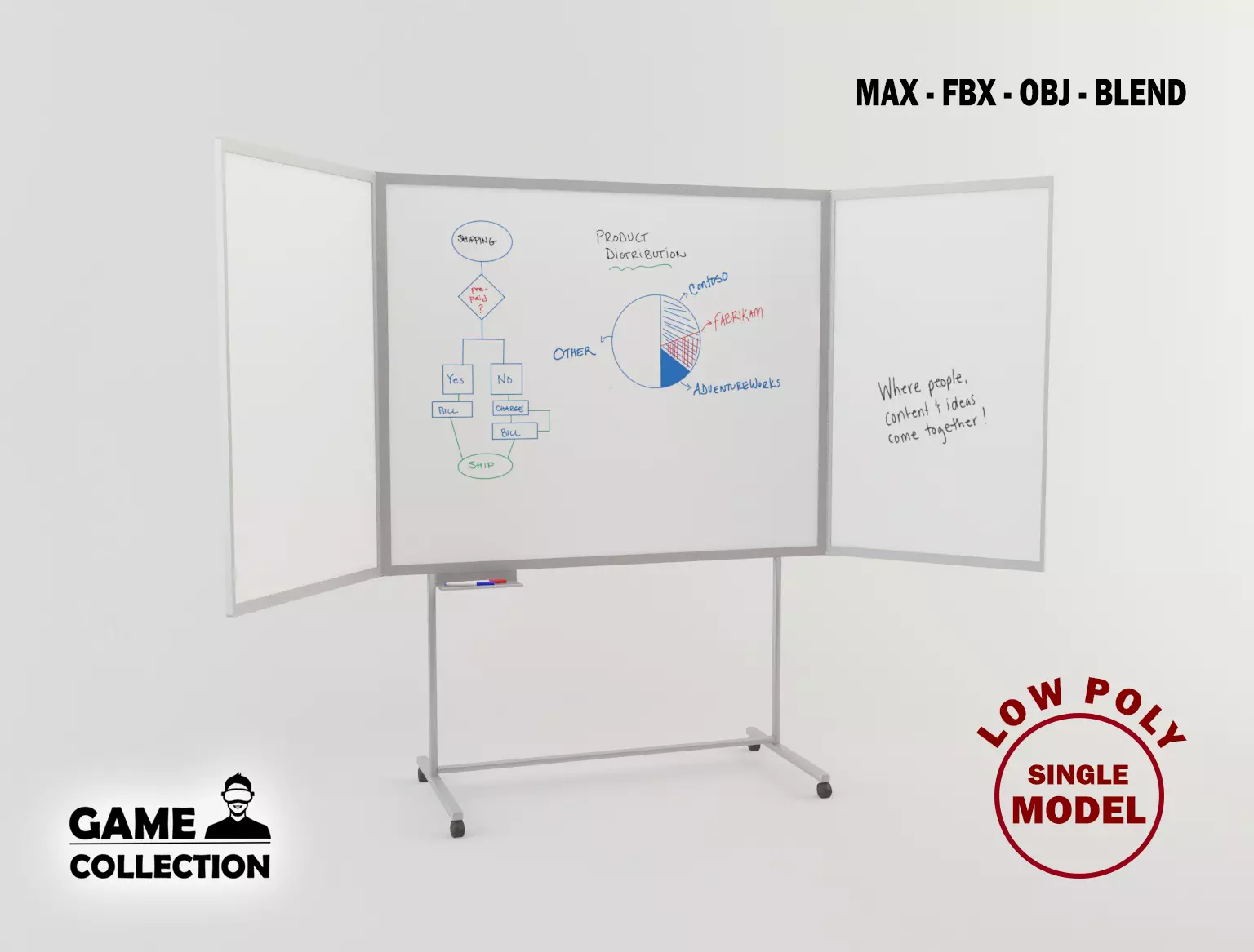 Whiteboard 3 on wheels with diagram Low-poly 3D model