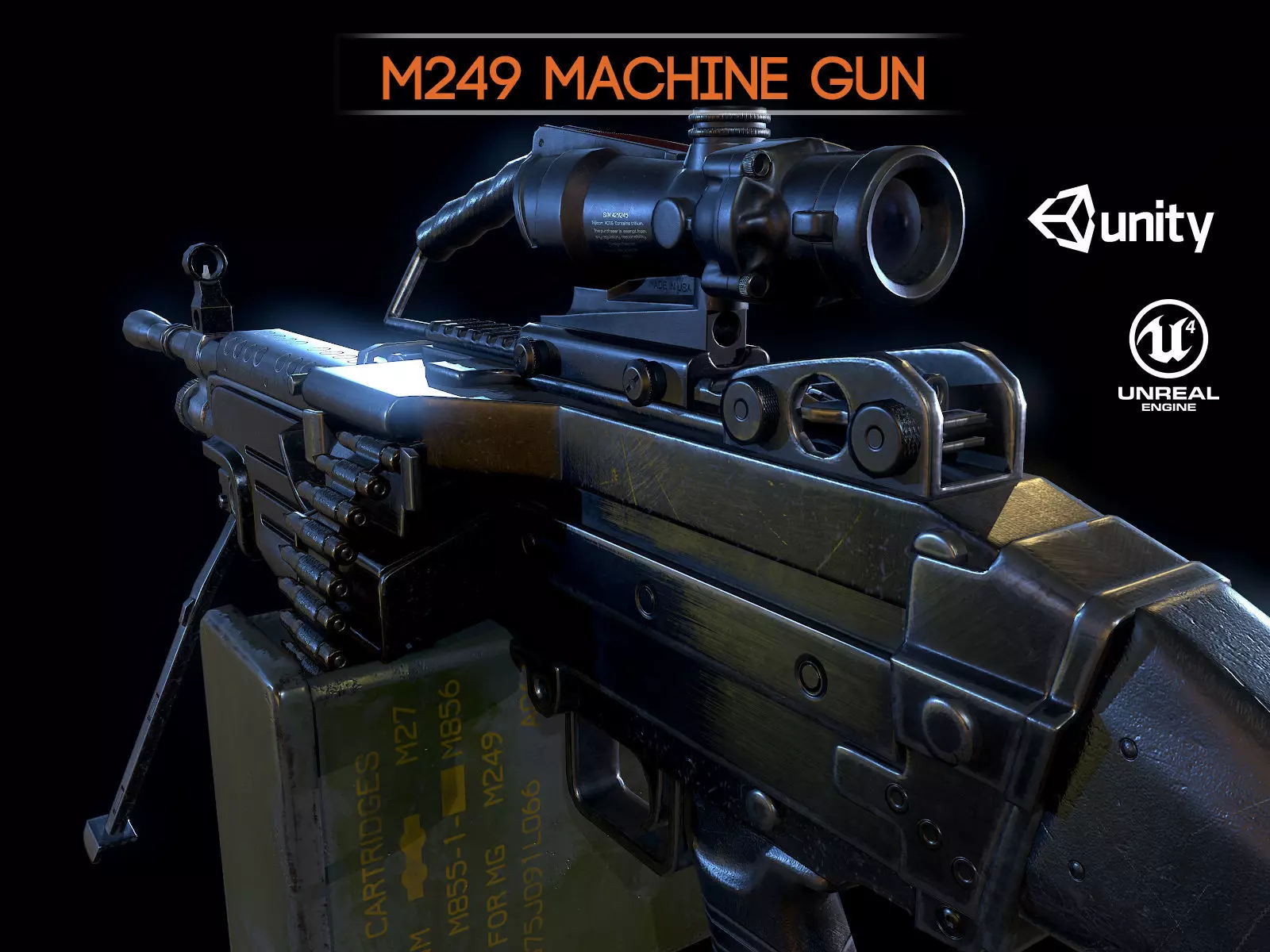 M249 and Acog Scope Light Machine Gun PBR Low-poly 3D model_0