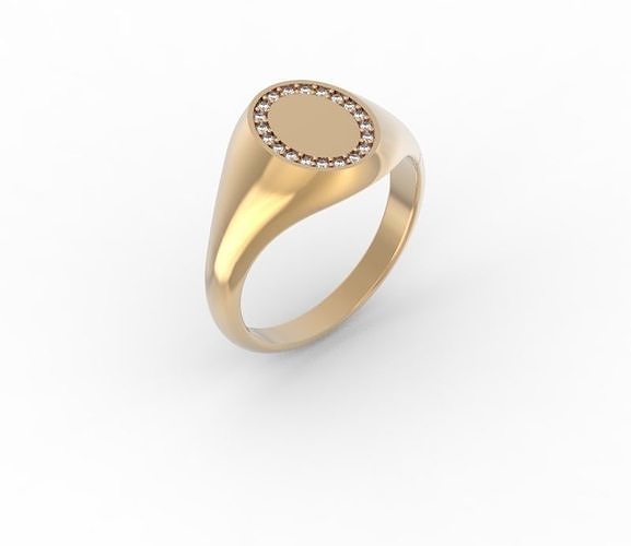 minimalism gold signet ring with diamonds 3D print model