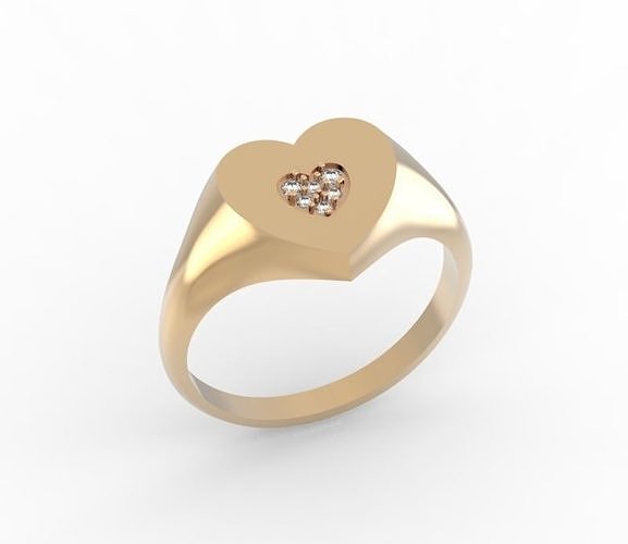 minimalism gold heart signet ring with diamonds 3D print model