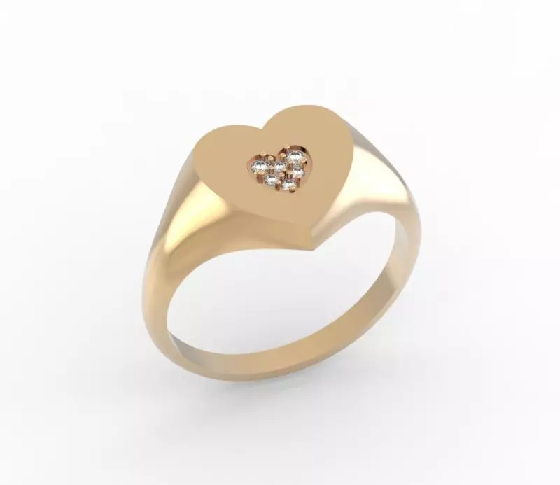 minimalism gold heart signet ring with diamonds 3D print model