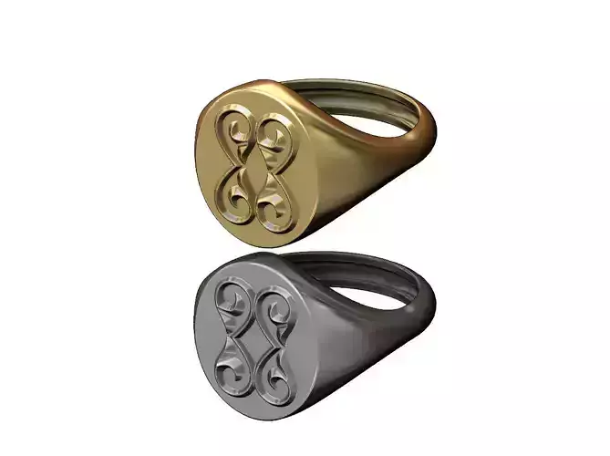 Oval signet ring with double floral scroll ornaments