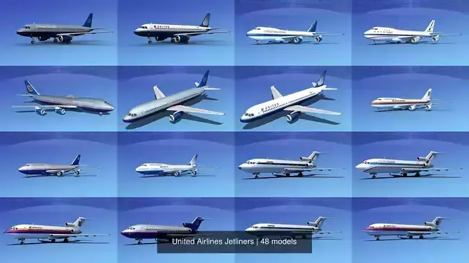 48 United Airlines Jetliners 3D Model Collection