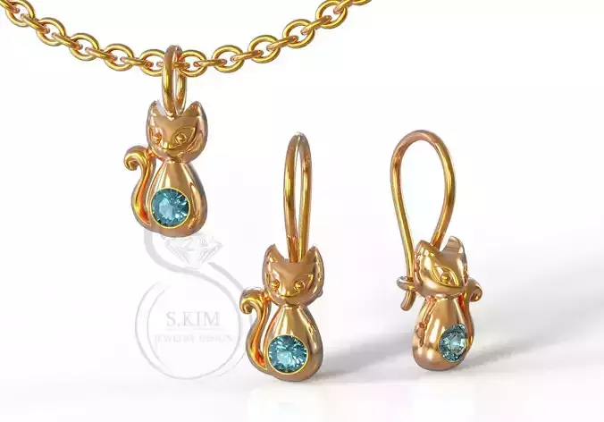Kitty earrings and pendant 3D print model