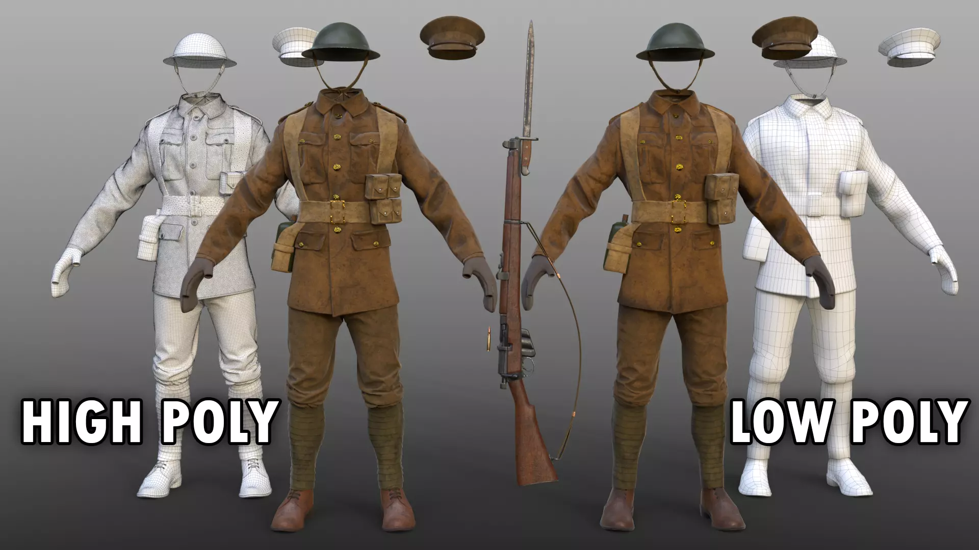 British WW1 Uniform and Lee Enfield MK III Low-poly 3D model_0