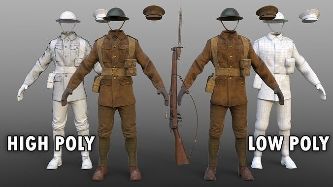 British WW1 Uniform and Lee Enfield MK III Low-poly 3D model