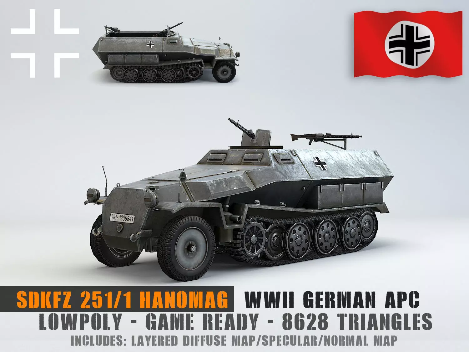 Low Poly Sdkfz 251 Hanomag armored car Low-poly 3D model_0