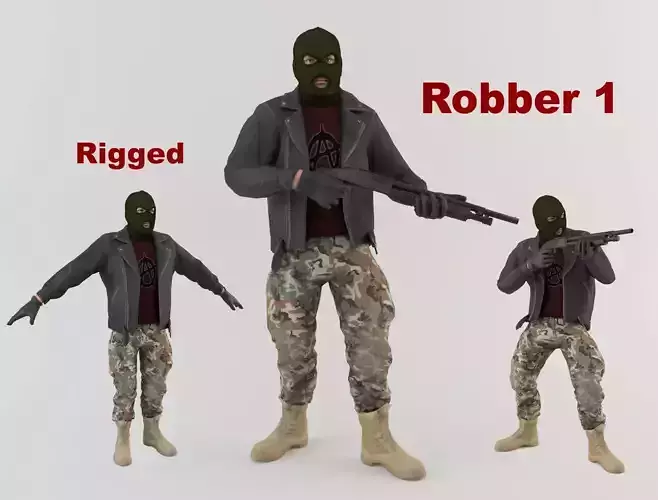 Robber 1 man wearing mask and holding gun Low-poly 3D model