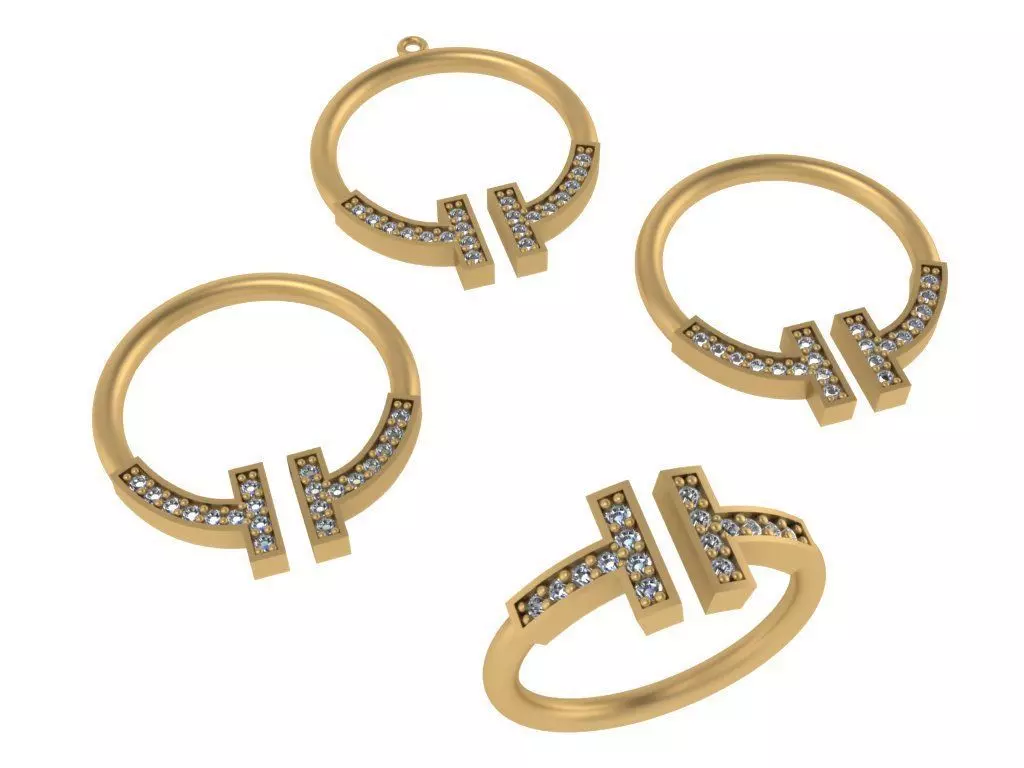 set gold three plated rings with diamonds 3D model
