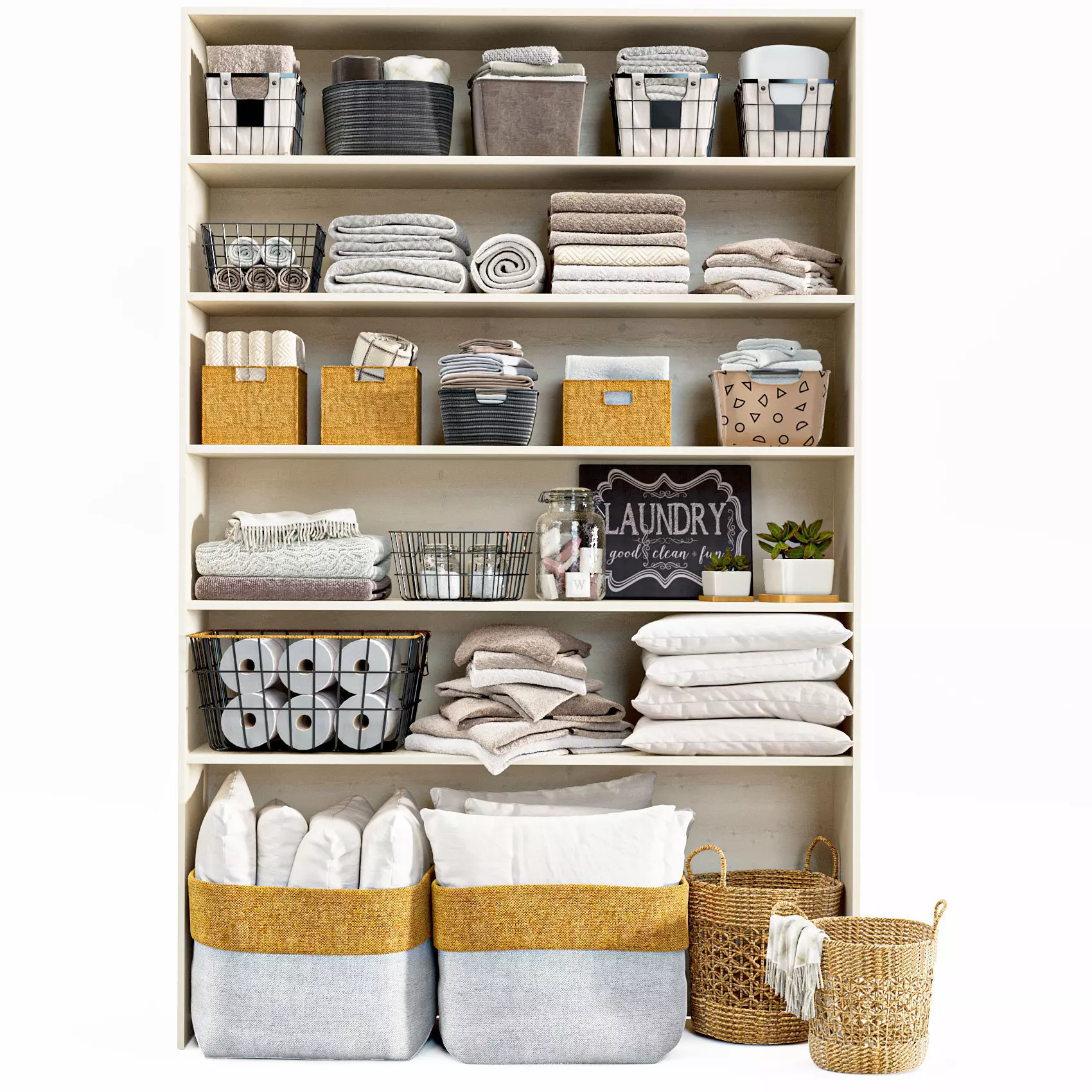 Laundry Set shelf with baskets and towels 3D model_0