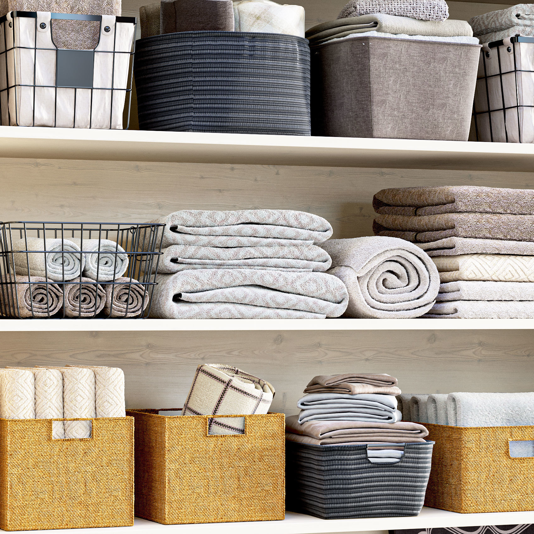 Laundry Set shelf with baskets and towels 3D model_1