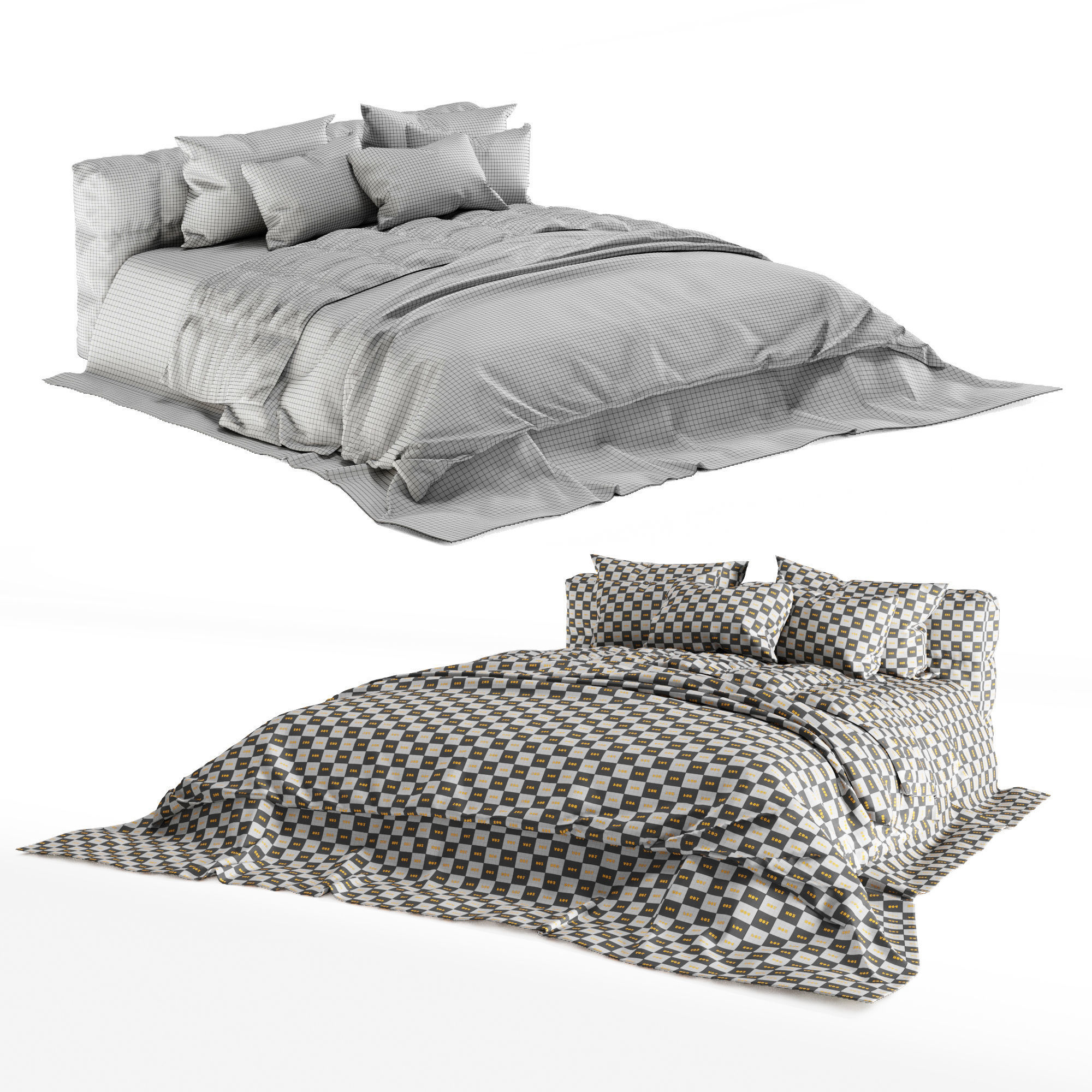 Gray Modern Fabric Bed 3D model_1