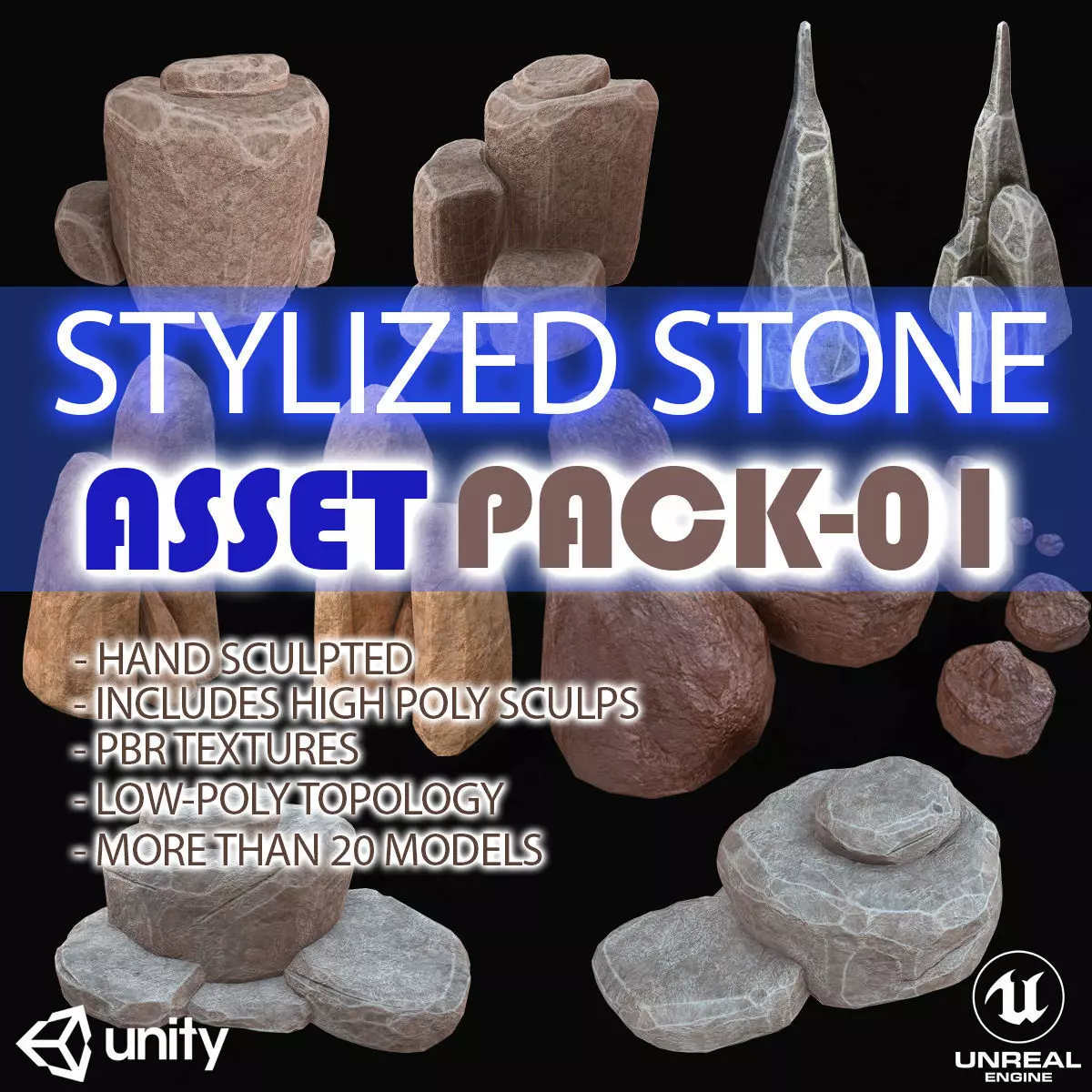 Stylized- Stone-Rock Asset - Low-poly 3D model - PACK-01 Low-poly 3D model_0