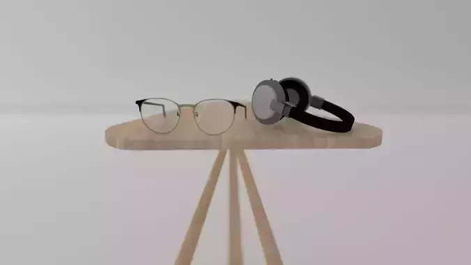 Glasses headphone and wooden table 3D model