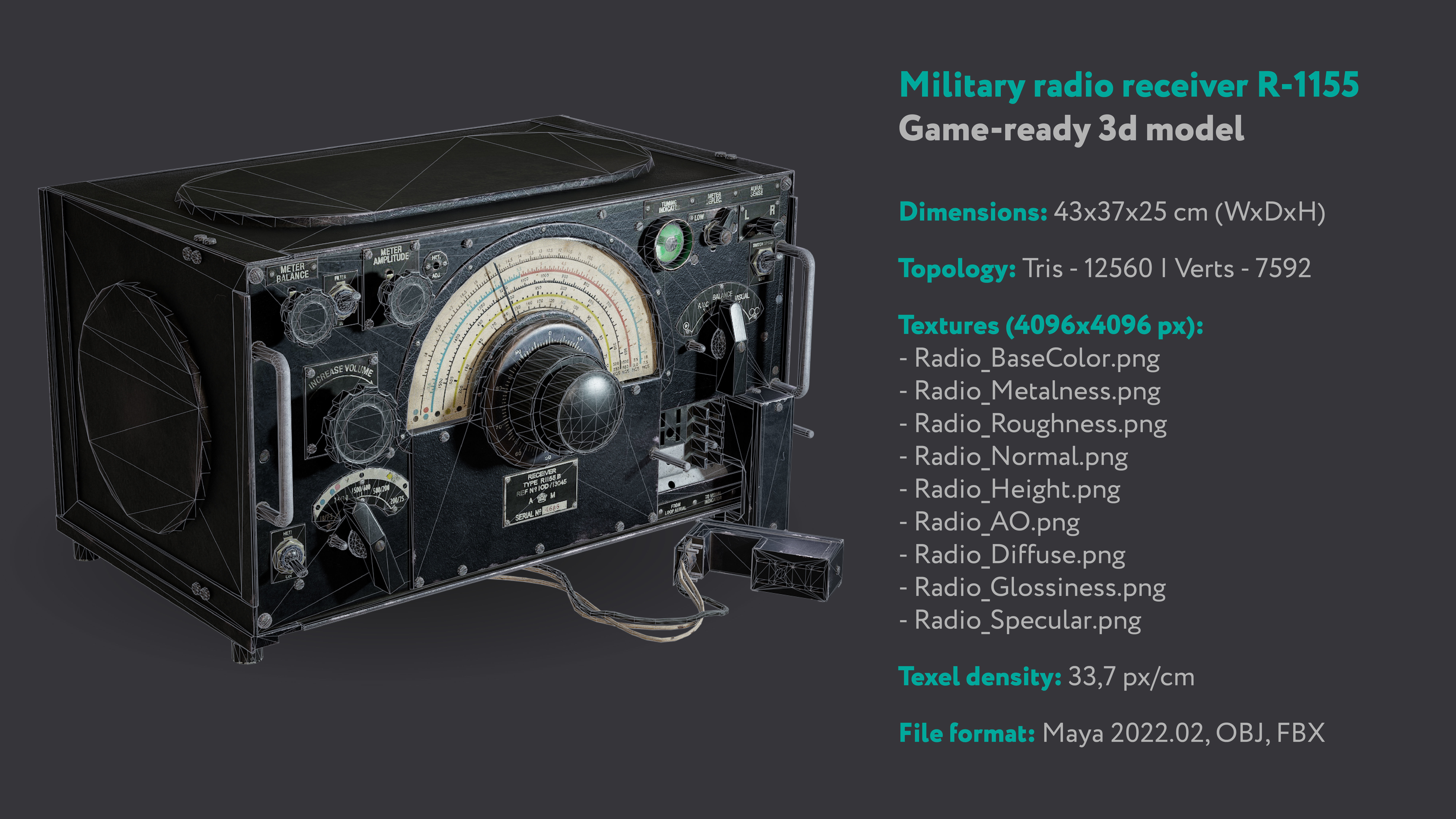 Military radio receiver R-1155 Low-poly 3D model_2