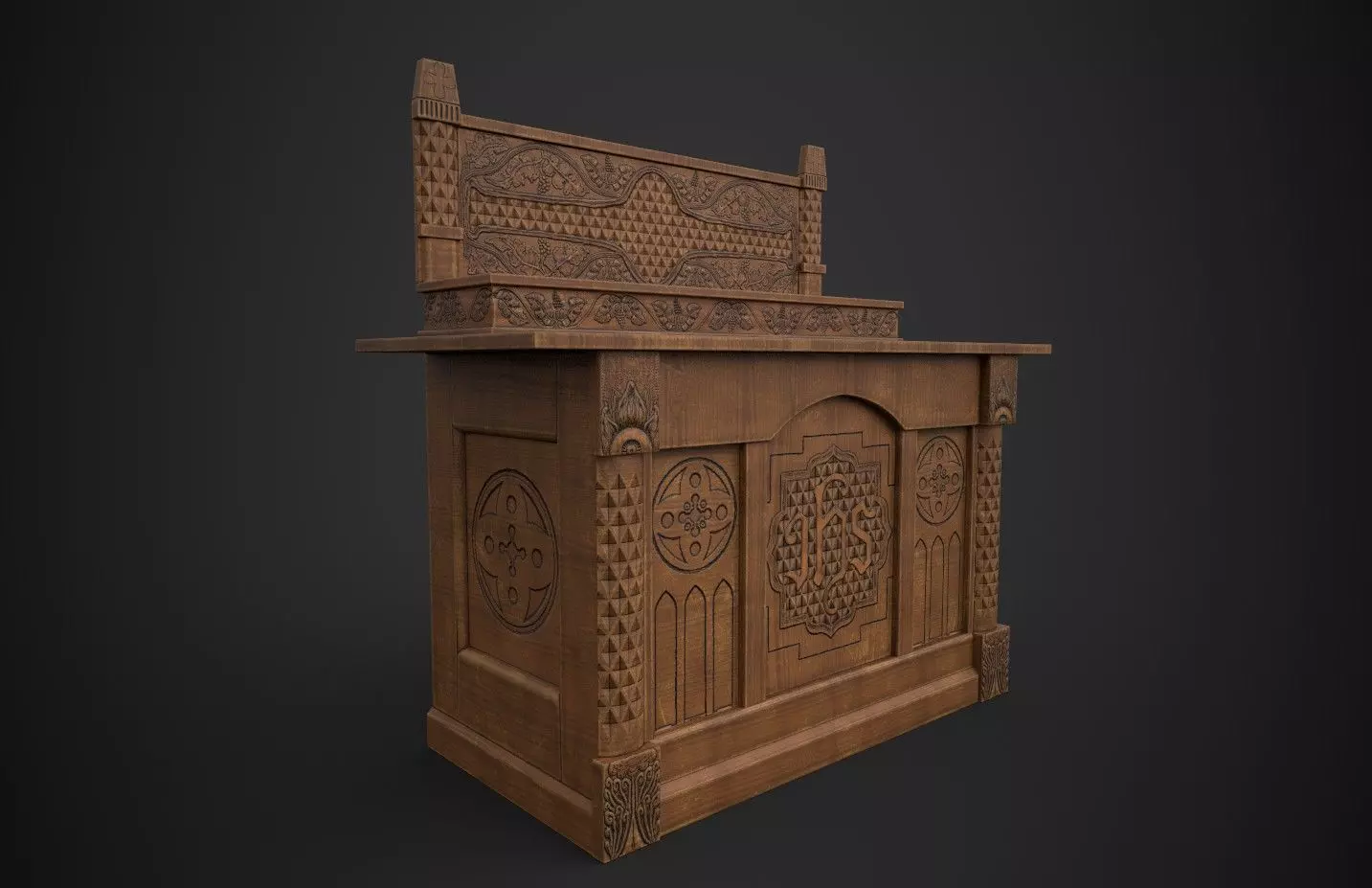 Altar wooden table with carvings Low-poly 3D model_0